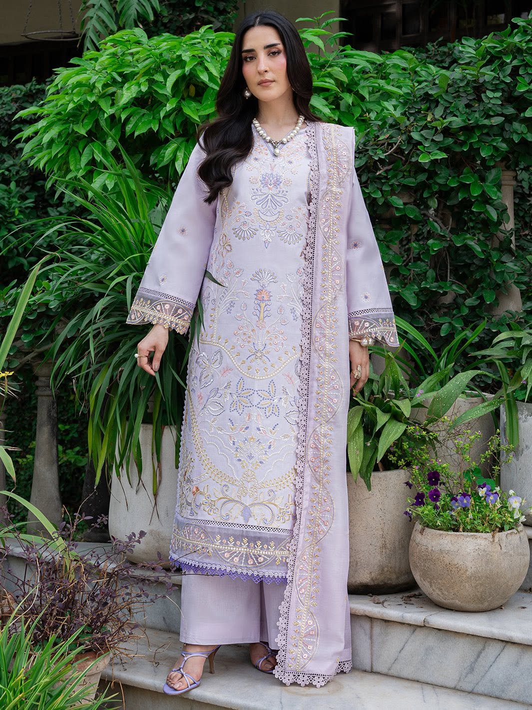 TAUFA campaign · Mahnur Amaya Lawn '26 lilac embroidered salwar kameez